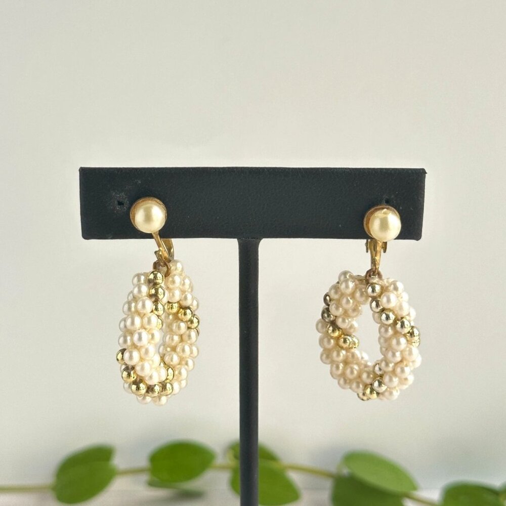 Vintage Faux Pearl & Gold Bead Clip-On Earrings Mid Century Bridal Jewelry 1.5"